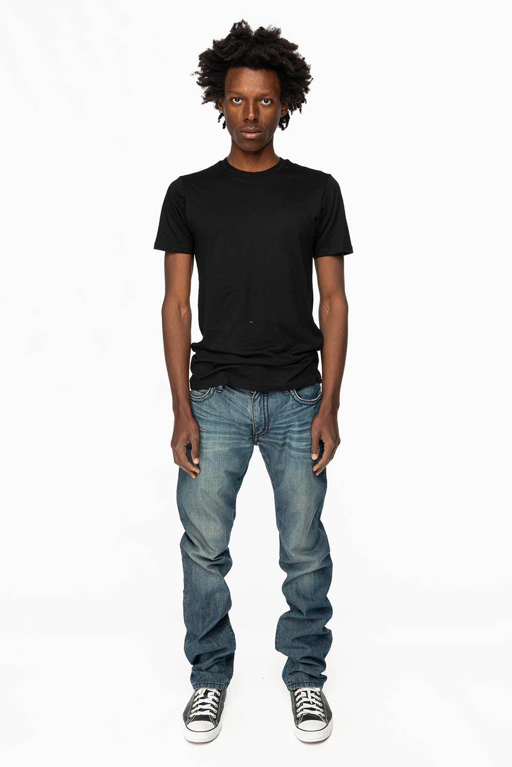 MENS CLASSIC 5 POCKET STRAIGHT LEG JEANS IN SMOKEY MEDIUM WASH WITH STUDS AND CRYSTALS