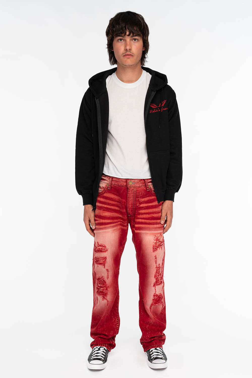 Red jeans with white stitching shops