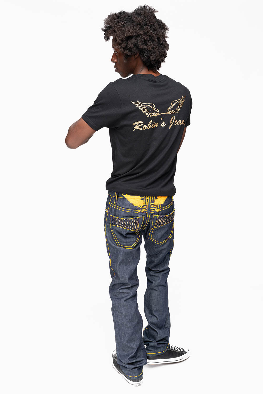 MENS CLASSIC 5 POCKET STRAIGHT LEG JEANS IN RAW DENIM HEAVY ORANGE STITCHING WITH CRYSTALS