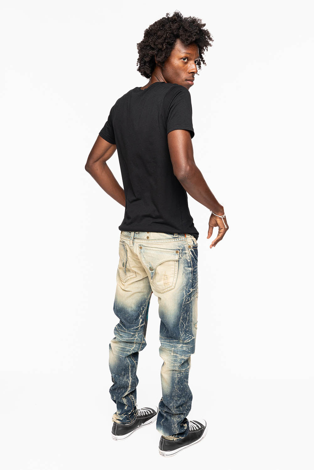 MENS LONG FLAP SLIM JEANS IN 5D DARK BROKEN WASH WITH HAND ORG PAINTED GRAPHI