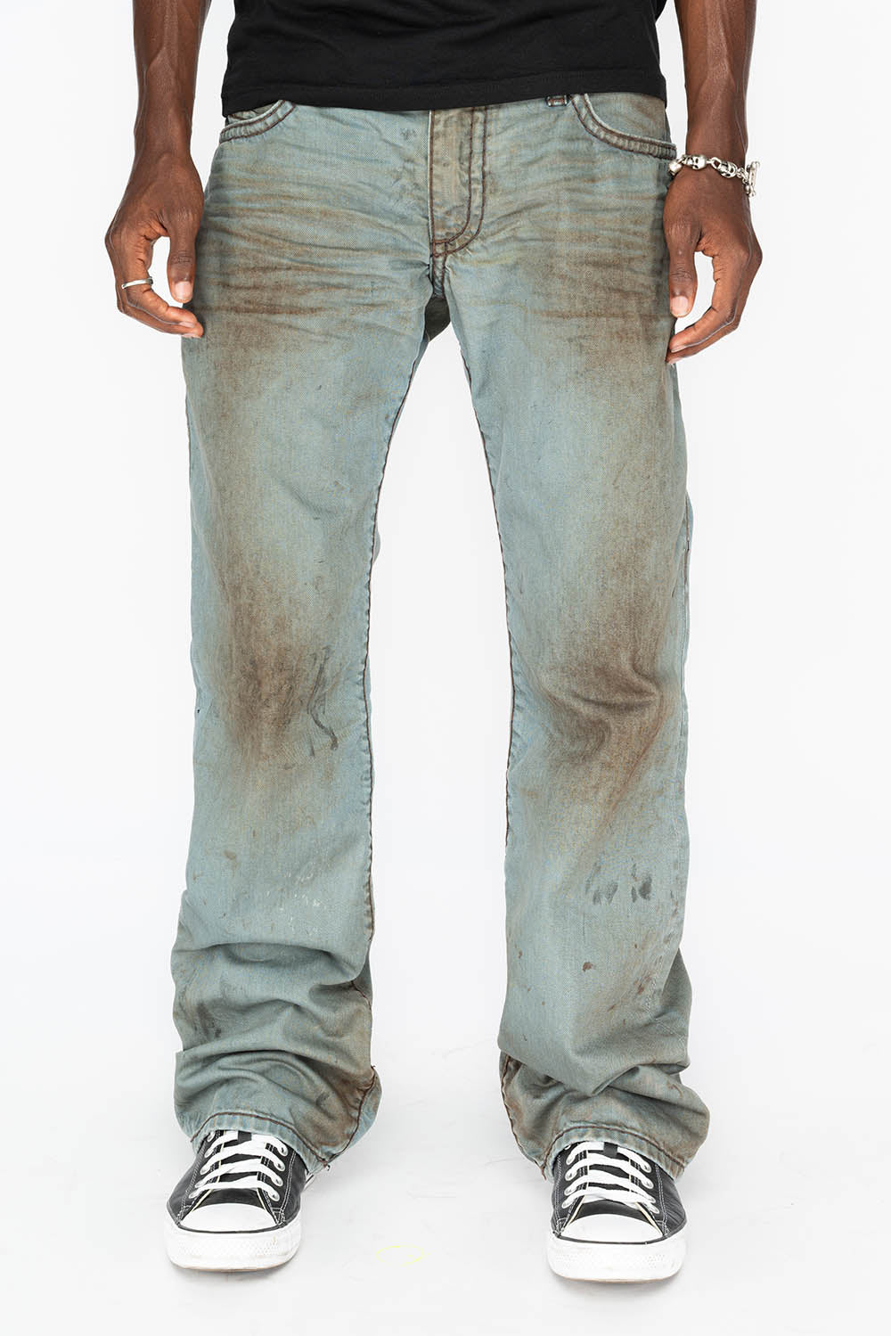 MENS LONG FLAP BOOT CUT JEANS WITH CRYSTALS IN FASHION VINTAGE BLUE