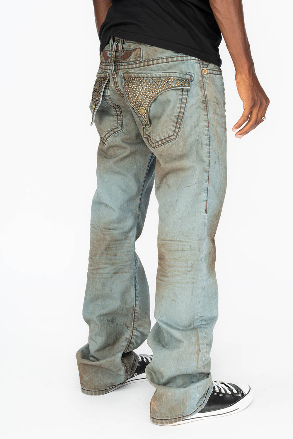 MENS LONG FLAP BOOT CUT JEANS WITH CRYSTALS IN FASHION VINTAGE BLUE