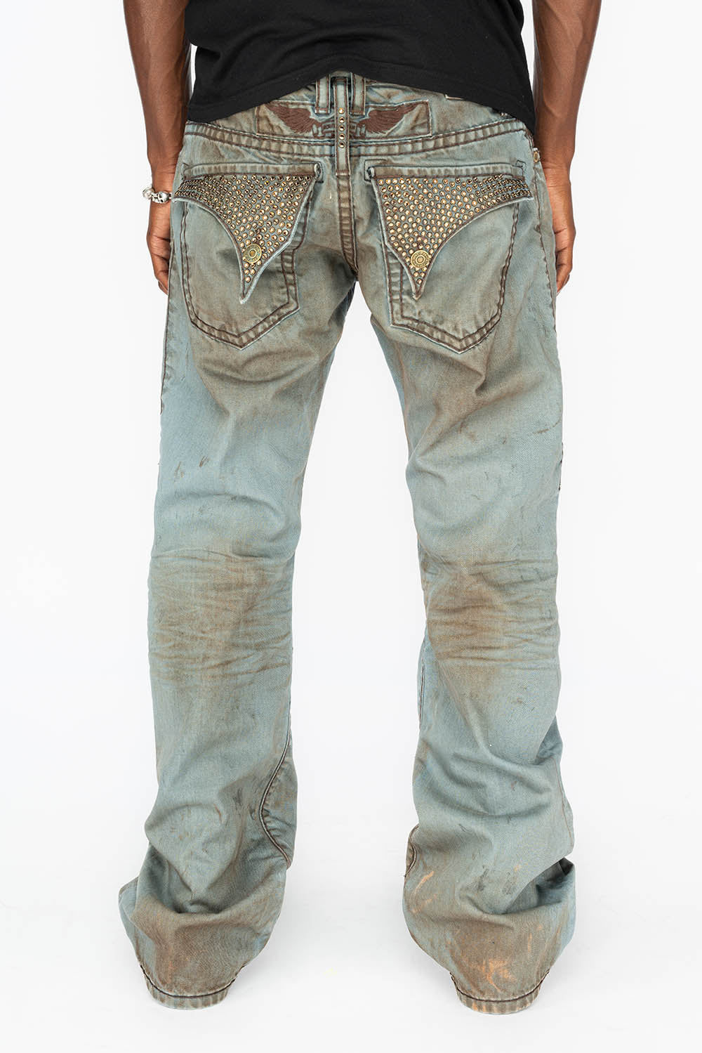 MENS LONG FLAP BOOT CUT JEANS WITH CRYSTALS IN FASHION VINTAGE BLUE