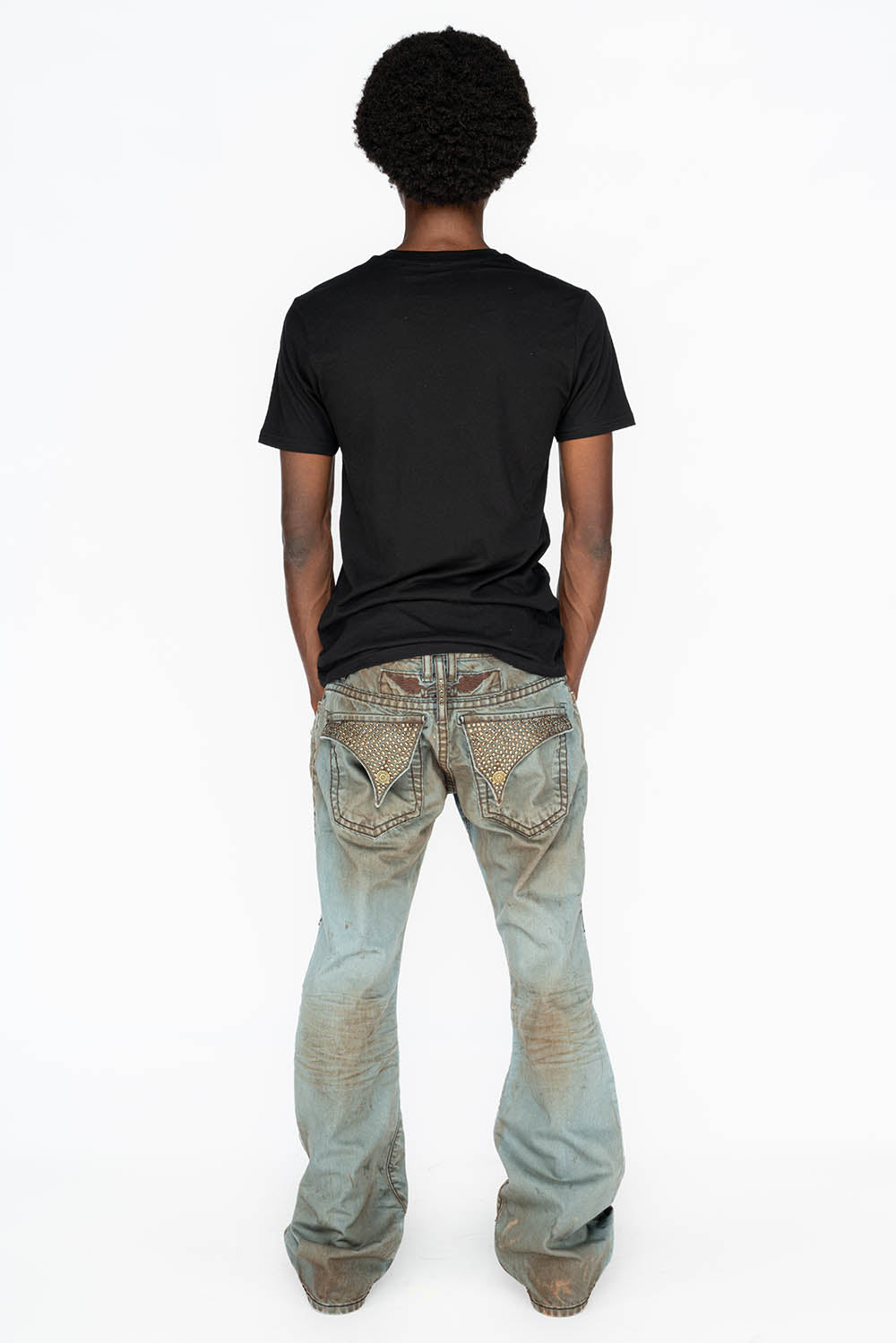 MENS LONG FLAP BOOT CUT JEANS WITH CRYSTALS IN FASHION VINTAGE BLUE