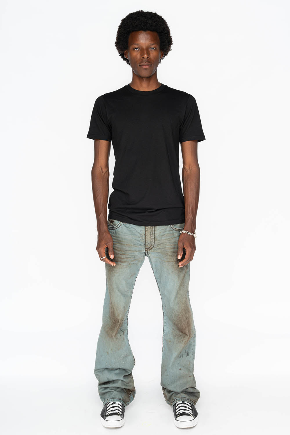 MENS LONG FLAP BOOT CUT JEANS WITH CRYSTALS IN FASHION VINTAGE BLUE
