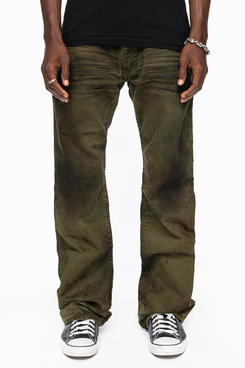 MENS LONG FLAP BOOT CUT JEANS WITH CRYSTALS IN FASHION VINTAGE GREEN