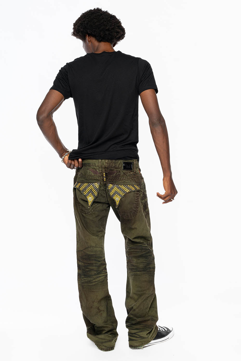 MENS LONG FLAP BOOT CUT JEANS WITH CRYSTALS IN FASHION VINTAGE GREEN