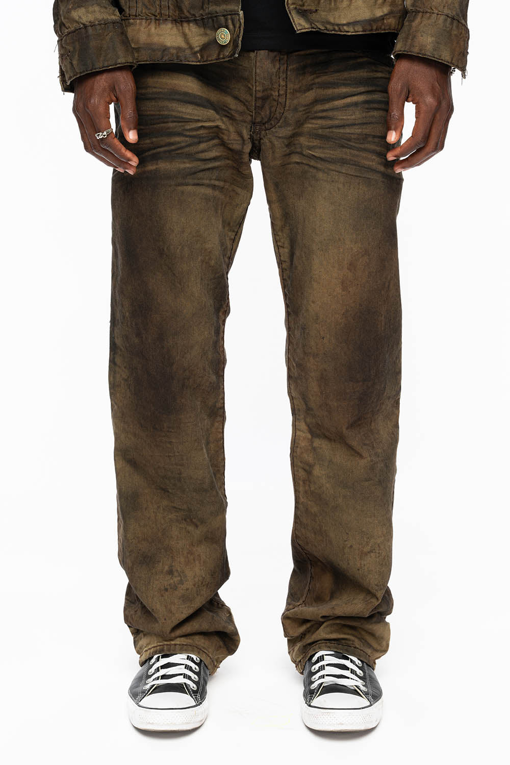 MENS LONG FLAP BOOT CUT JEANS WITH CRYSTALS IN FASHION VINTAGE BROWN