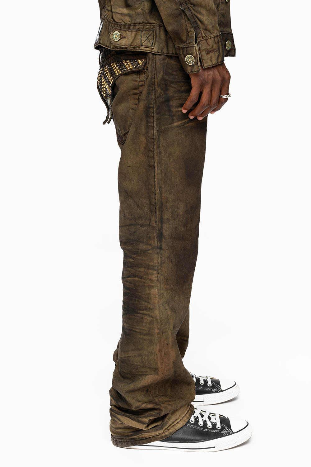 MENS LONG FLAP BOOT CUT JEANS WITH CRYSTALS IN FASHION VINTAGE BROWN