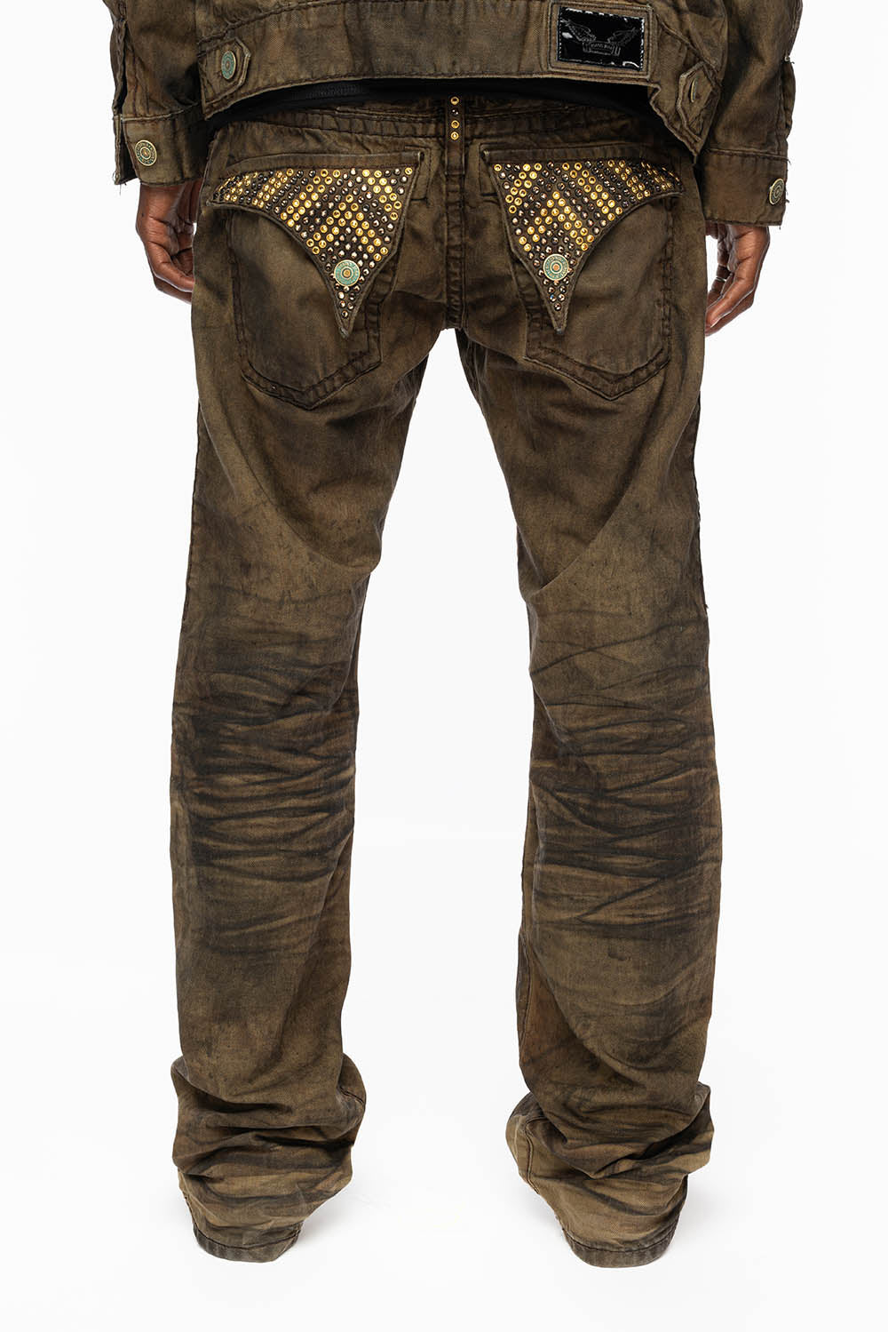 MENS LONG FLAP BOOT CUT JEANS WITH CRYSTALS IN FASHION VINTAGE BROWN