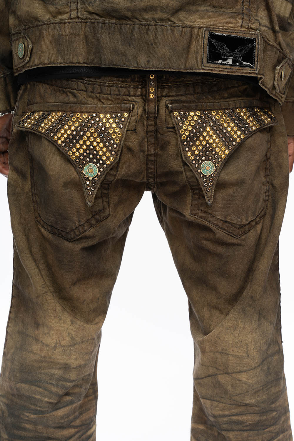 MENS LONG FLAP BOOT CUT JEANS WITH CRYSTALS IN FASHION VINTAGE BROWN