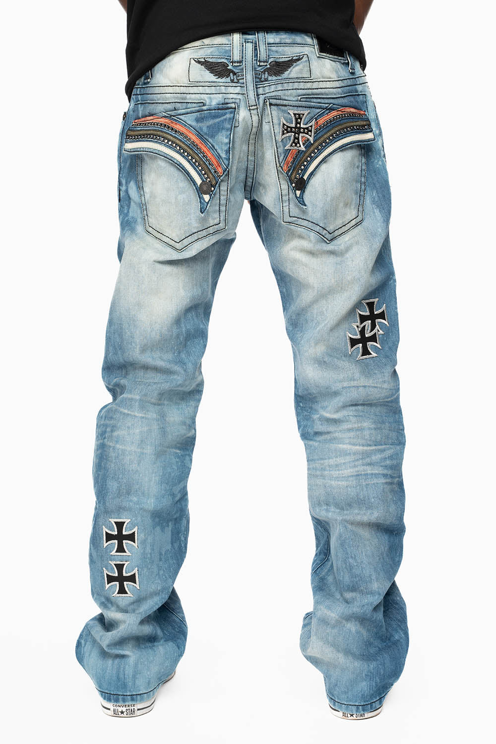 LIMITED EDITION LONG FLAP STRAIGHT JEANS IN AQUARAMA WASH  EMBELLISHED WITH CRYSTALS AND CROSS PATCHES