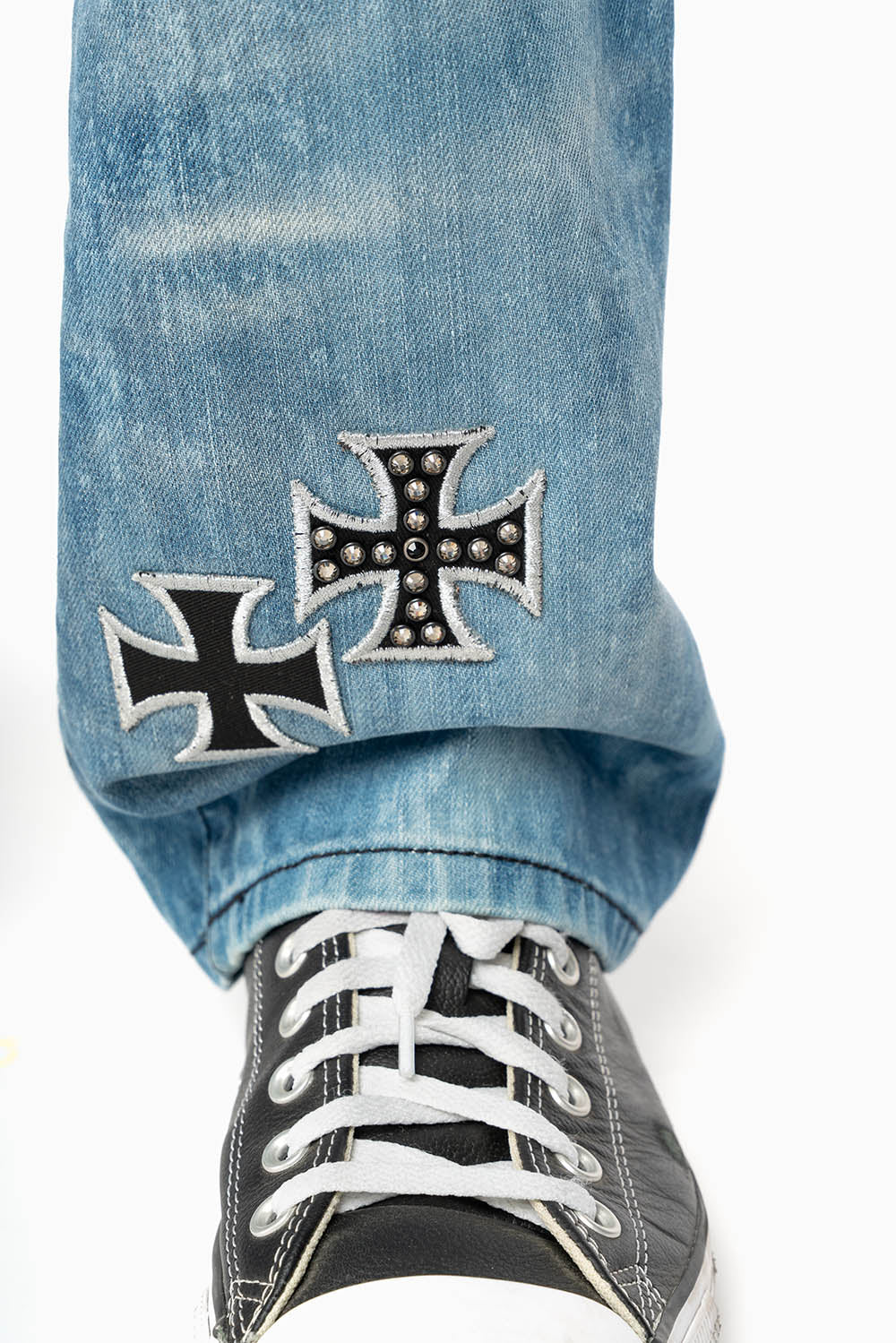 LIMITED EDITION LONG FLAP STRAIGHT JEANS IN AQUARAMA WASH  EMBELLISHED WITH CRYSTALS AND CROSS PATCHES