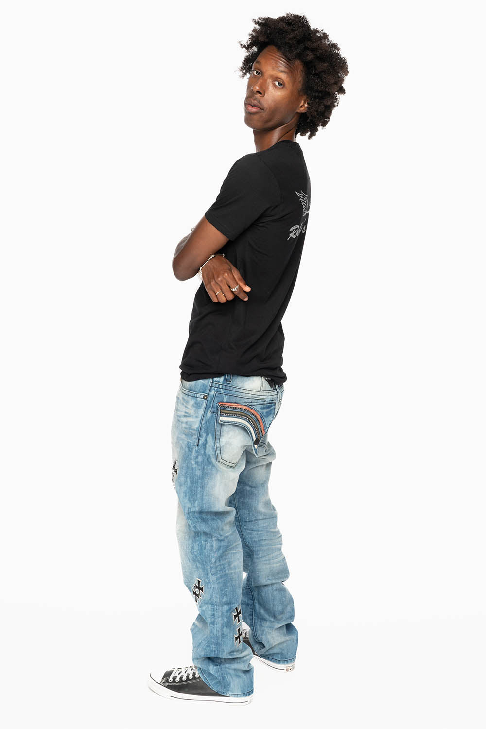 LIMITED EDITION LONG FLAP STRAIGHT JEANS IN AQUARAMA WASH  EMBELLISHED WITH CRYSTALS AND CROSS PATCHES