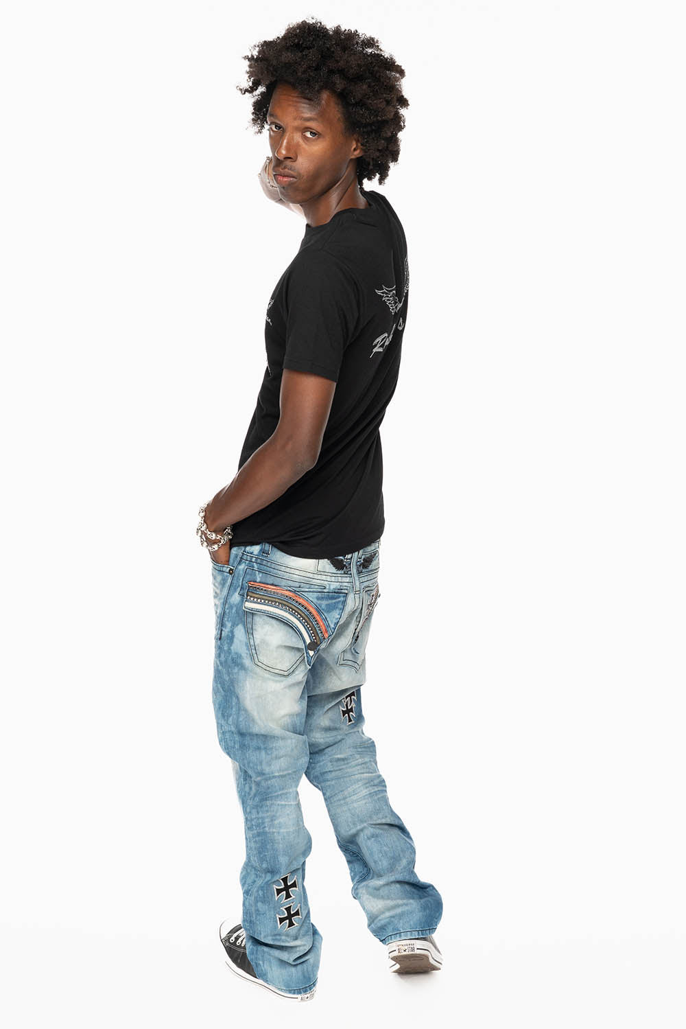 LIMITED EDITION LONG FLAP STRAIGHT JEANS IN AQUARAMA WASH  EMBELLISHED WITH CRYSTALS AND CROSS PATCHES