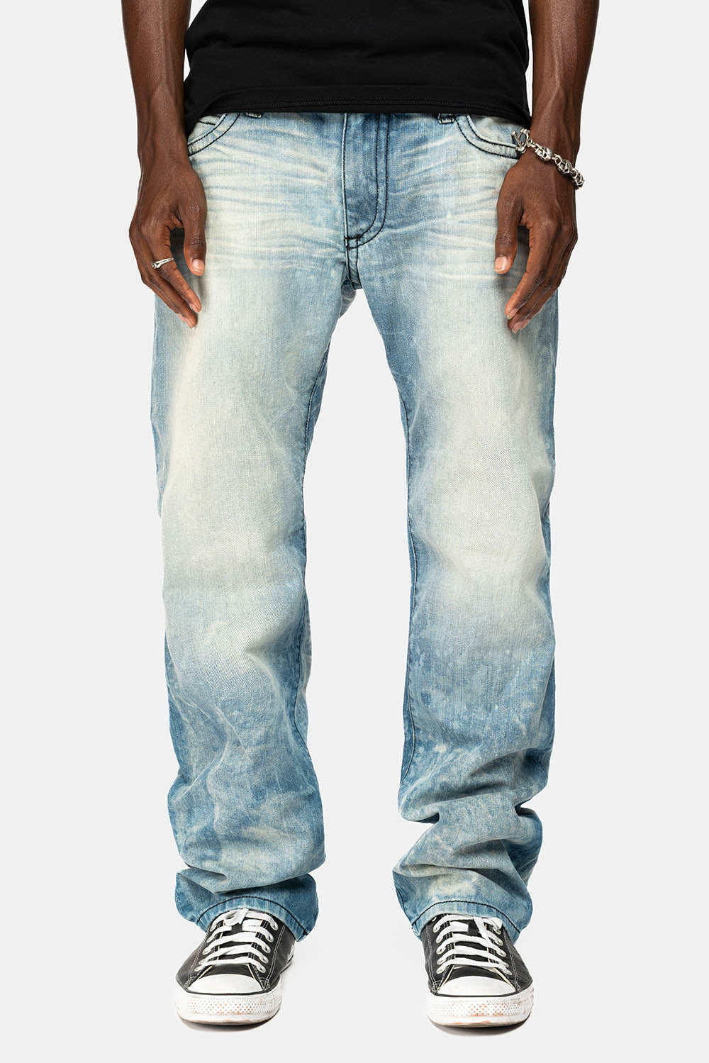 LIMITED EDITION LONG FLAP STRAIGHT JEANS IN AQUARAMA WASH WITH BLK LEATHER INSERTS EMBELLISHED WITH CRYSTALS
