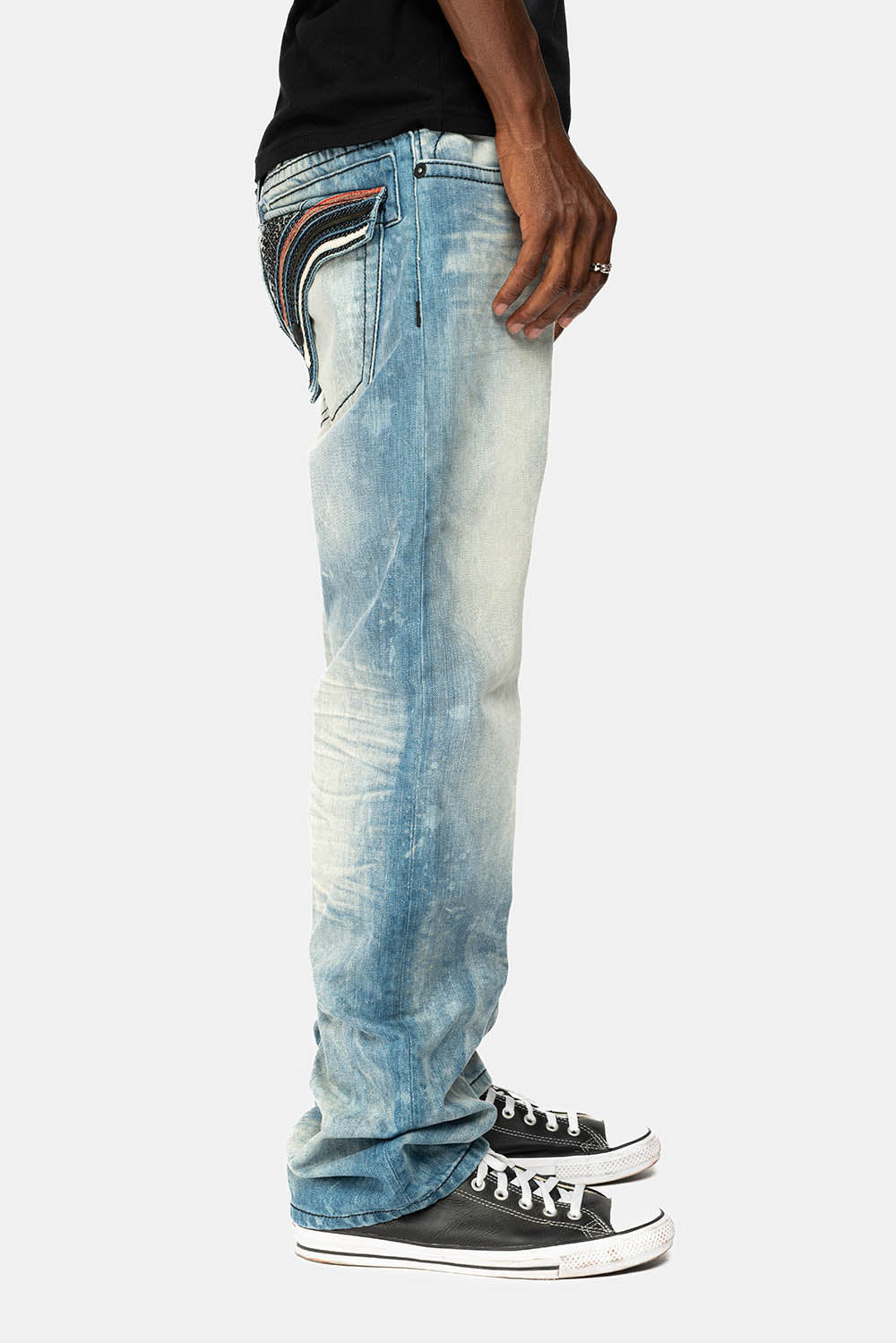 LIMITED EDITION LONG FLAP STRAIGHT JEANS IN AQUARAMA WASH WITH BLK LEATHER INSERTS EMBELLISHED WITH CRYSTALS