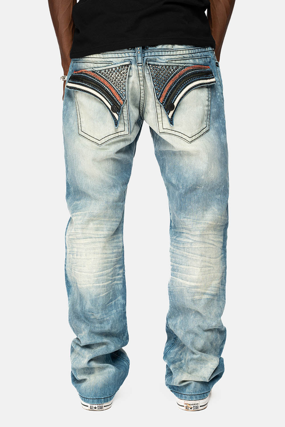 LIMITED EDITION LONG FLAP STRAIGHT JEANS IN AQUARAMA WASH WITH BLK LEATHER INSERTS EMBELLISHED WITH CRYSTALS