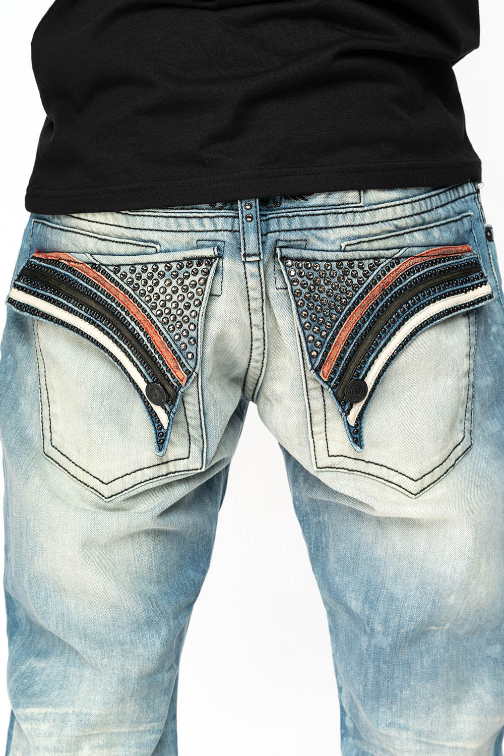 LIMITED EDITION LONG FLAP STRAIGHT JEANS IN AQUARAMA WASH WITH BLK LEATHER INSERTS EMBELLISHED WITH CRYSTALS