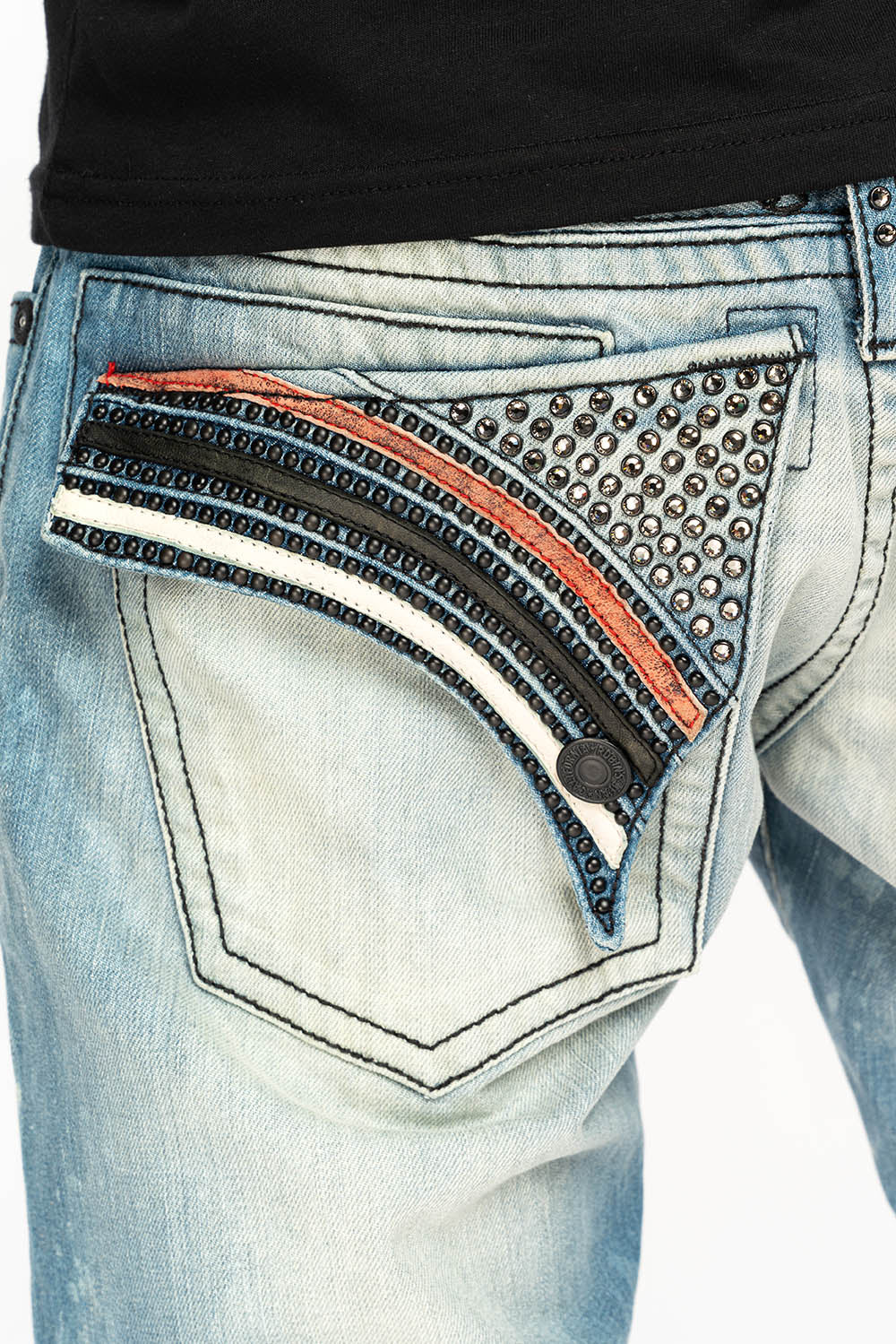 LIMITED EDITION LONG FLAP STRAIGHT JEANS IN AQUARAMA WASH WITH BLK LEATHER INSERTS EMBELLISHED WITH CRYSTALS