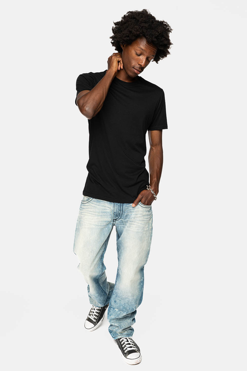 LIMITED EDITION LONG FLAP STRAIGHT JEANS IN AQUARAMA WASH WITH BLK LEATHER INSERTS EMBELLISHED WITH CRYSTALS
