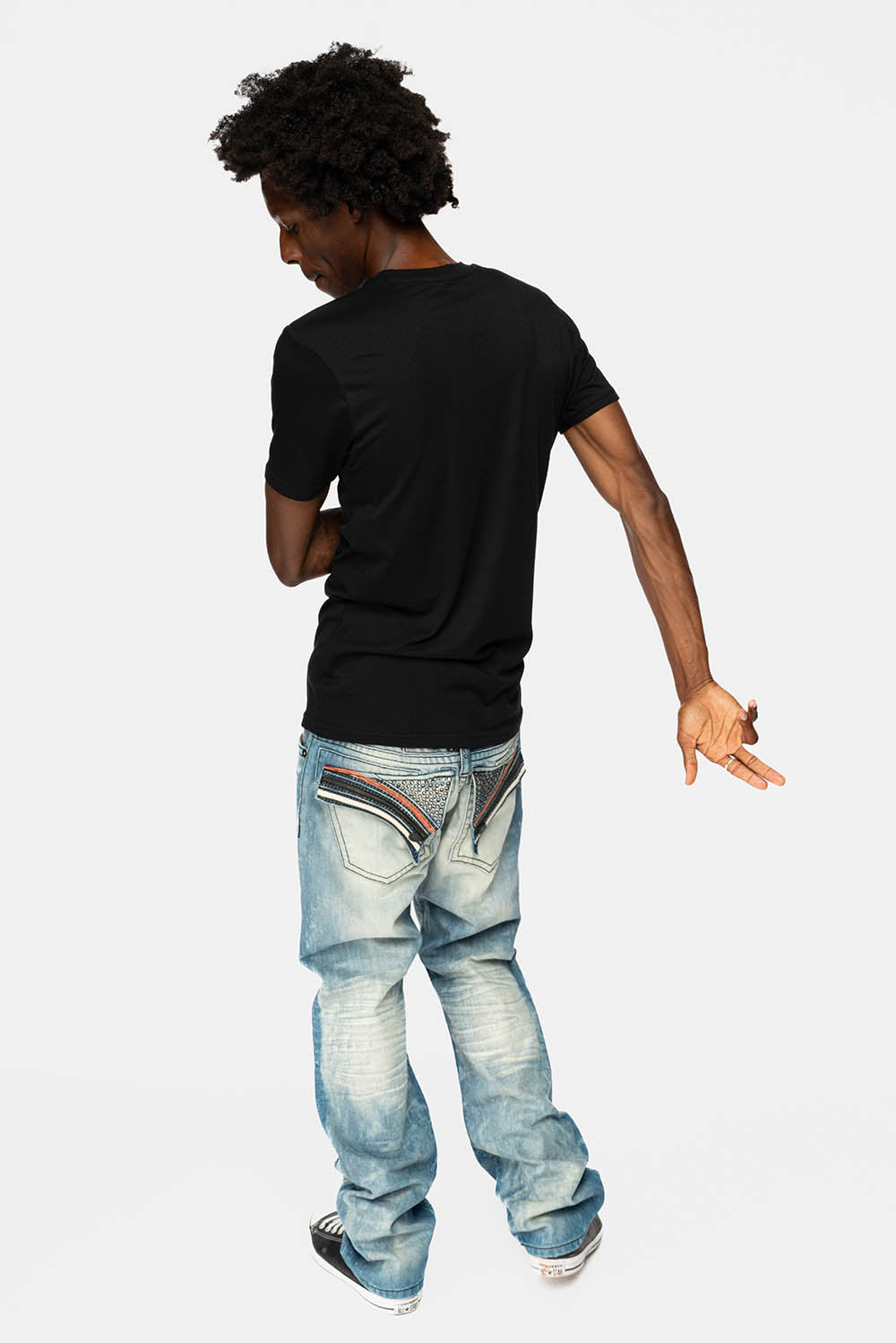 LIMITED EDITION LONG FLAP STRAIGHT JEANS IN AQUARAMA WASH WITH BLK LEATHER INSERTS EMBELLISHED WITH CRYSTALS