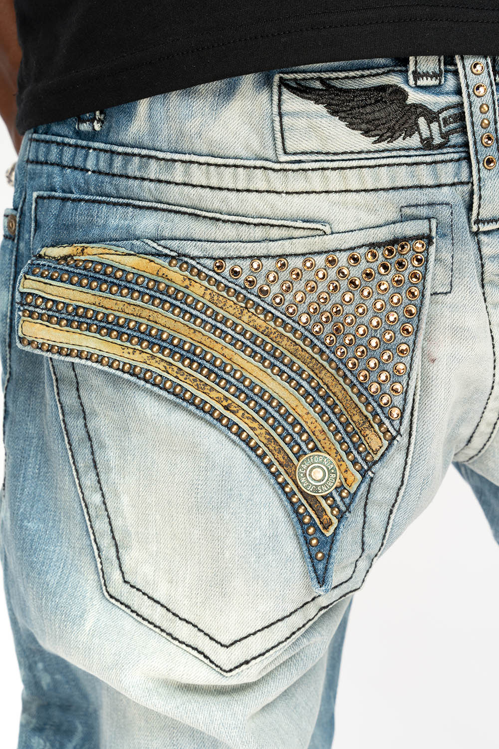 LONG FLAP STRAIGHT JEANS IN AQUARAMA WASH WITH TAN LEATHER INSERTS EMBELLISHED WITH CRYSTALS