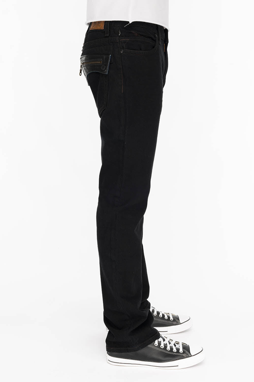 MENS LEATHER FLAP POCKET STRAIGHT LEG JEANS IN BLK