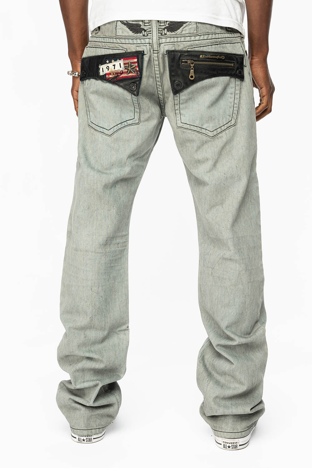 ROBIN’S LEATHER FLAP STRAIGHT LEG JEANS IN FUTURE WASH