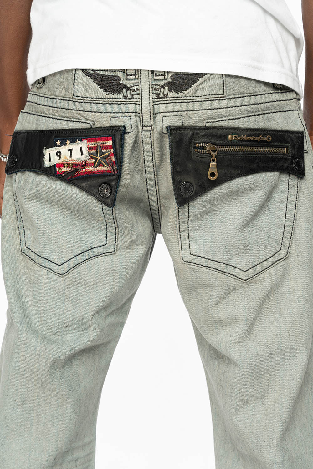 ROBIN’S LEATHER FLAP STRAIGHT LEG JEANS IN FUTURE WASH