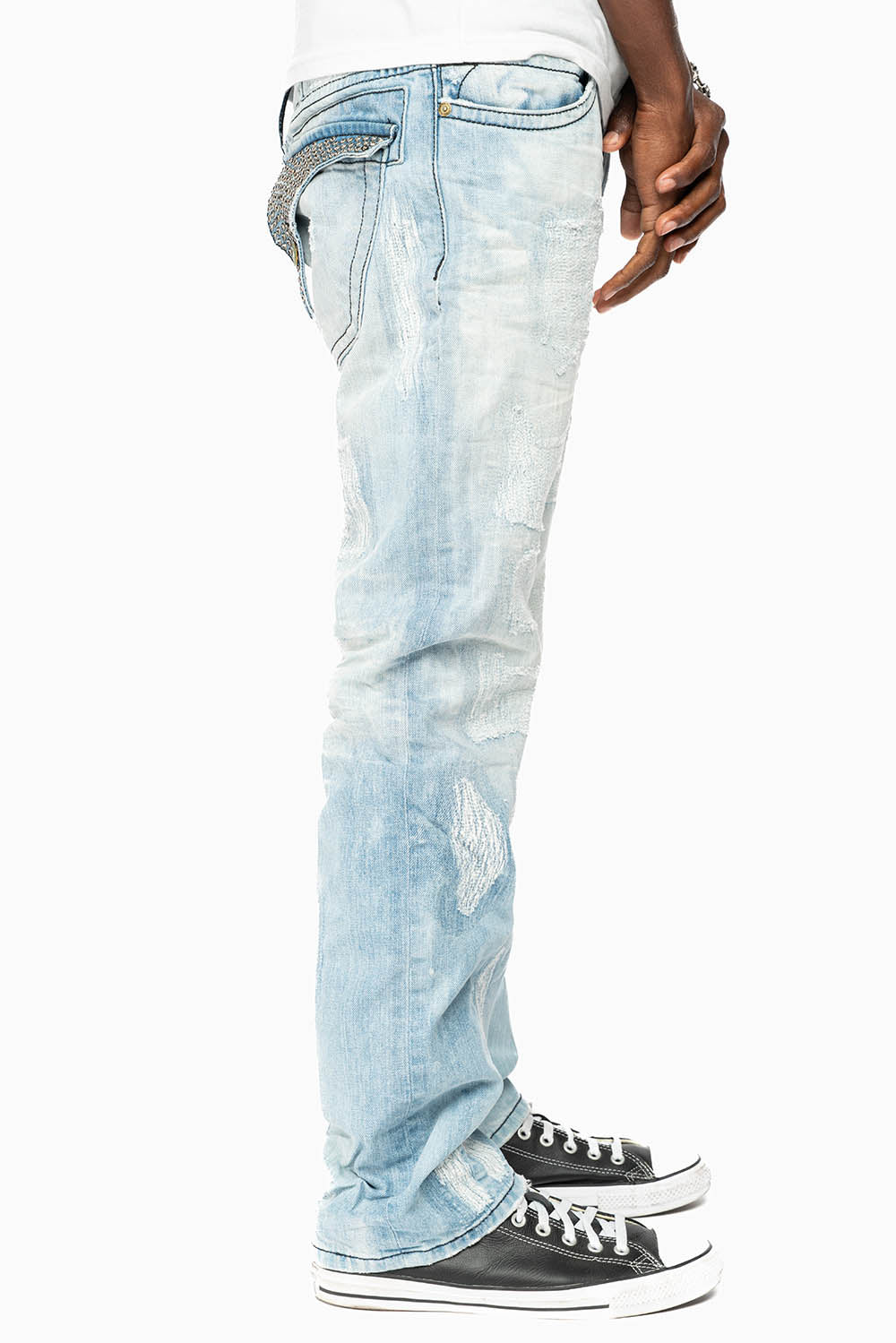 ROBIN'S LIMITED EDITION REPAIRED JEANS IN 5D LIGHT BLUE WASH WITH CLEAR DIAMOND CRYSTALS