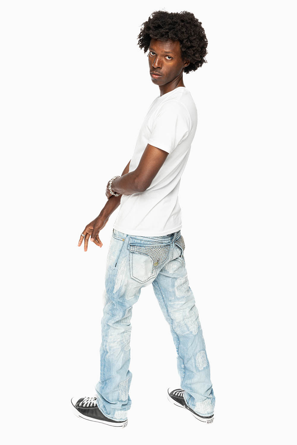 ROBIN'S LIMITED EDITION REPAIRED JEANS IN 5D LIGHT BLUE WASH WITH CLEAR DIAMOND CRYSTALS
