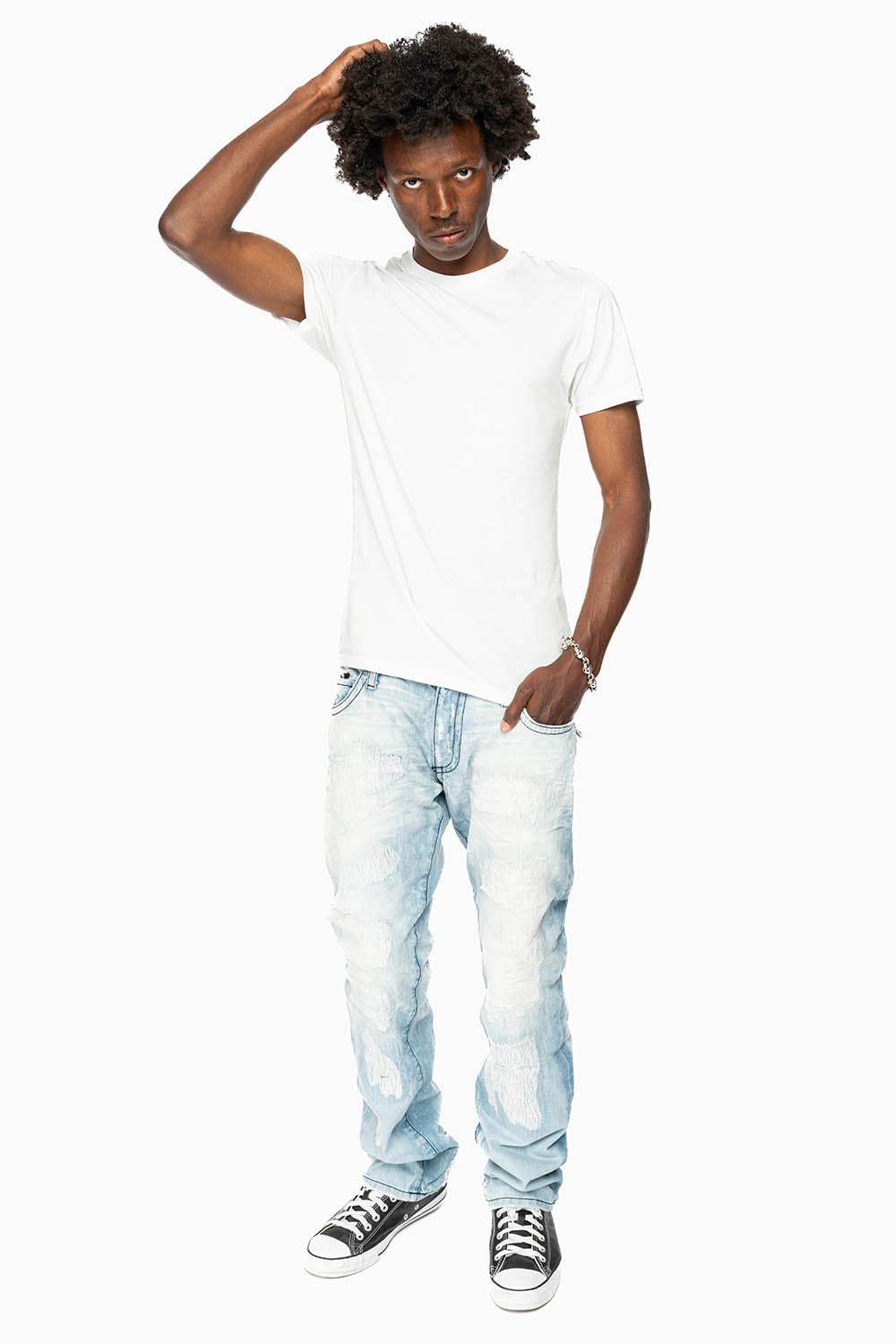 ROBIN'S LIMITED EDITION REPAIRED JEANS IN 5D LIGHT BLUE WASH WITH CLEAR DIAMOND CRYSTALS