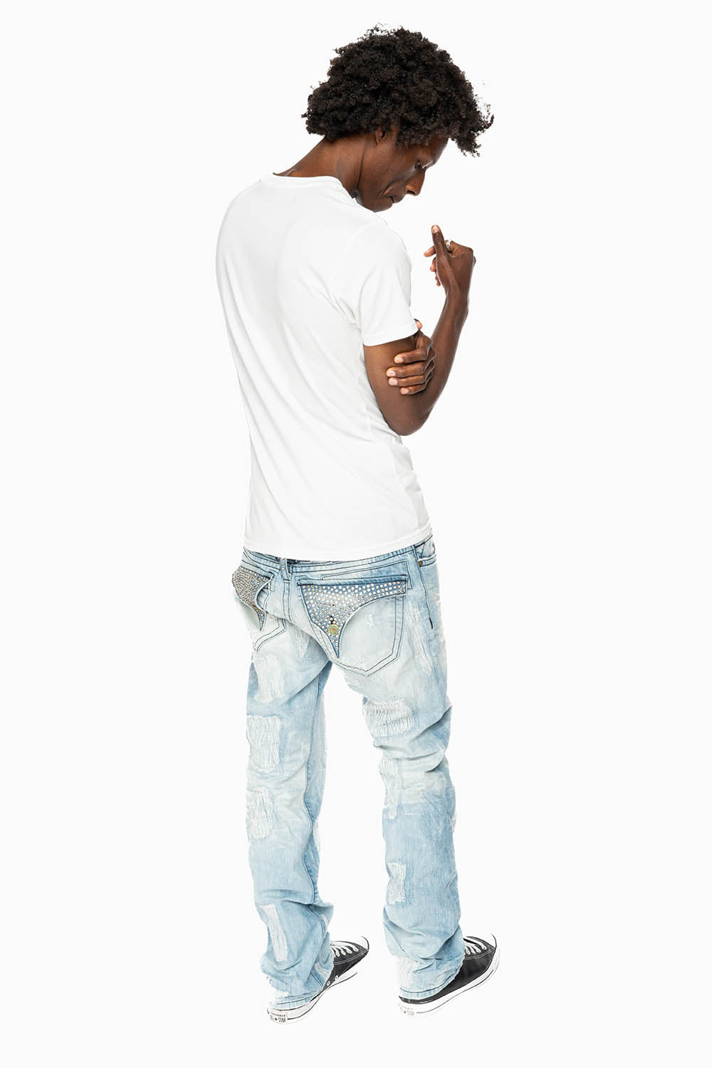 ROBIN'S LIMITED EDITION REPAIRED JEANS IN 5D LIGHT BLUE WASH WITH CLEAR DIAMOND CRYSTALS
