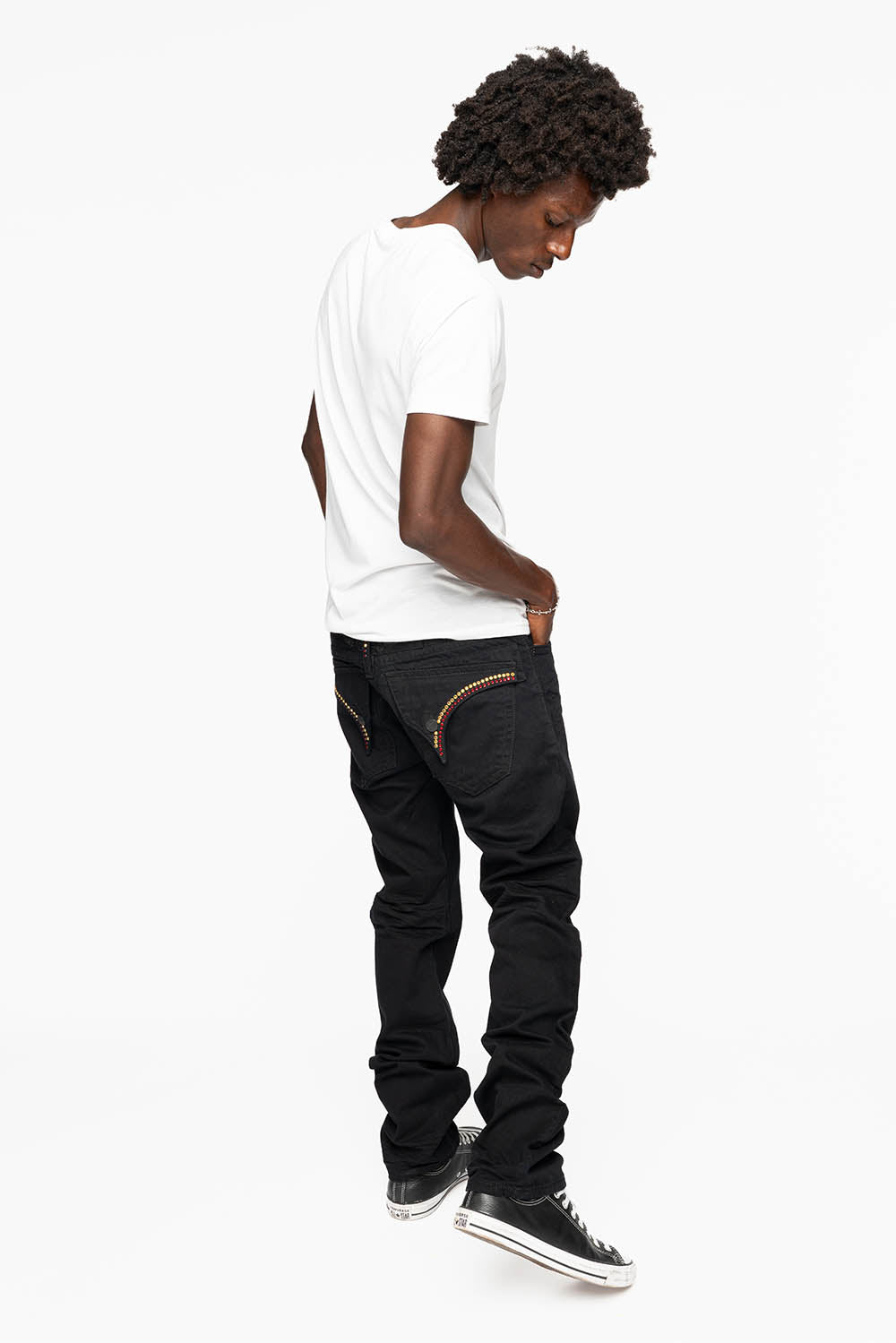 MENS CLASSIC STRAIGHT LEG LONG FLAP JEANS WITH RED & AURUM CRYSTALS IN PURE BLK
