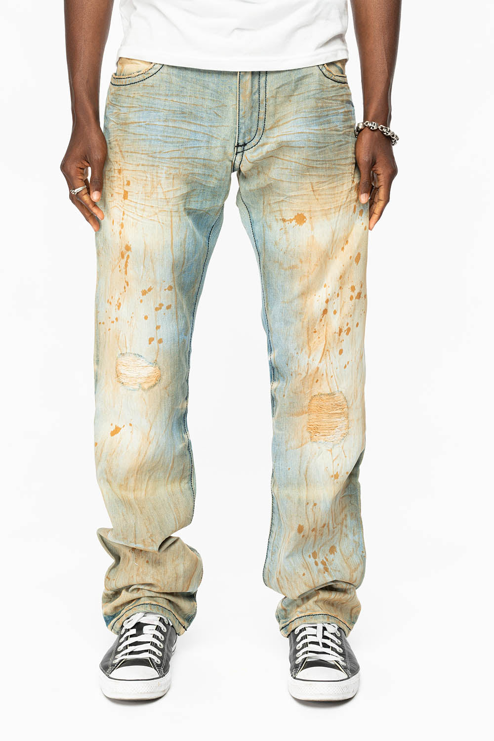 KILLER FLAP STRAIGHT LEG JEANS WITH CRYSTALS AND NAILHEAD IN TRAVELER WASH