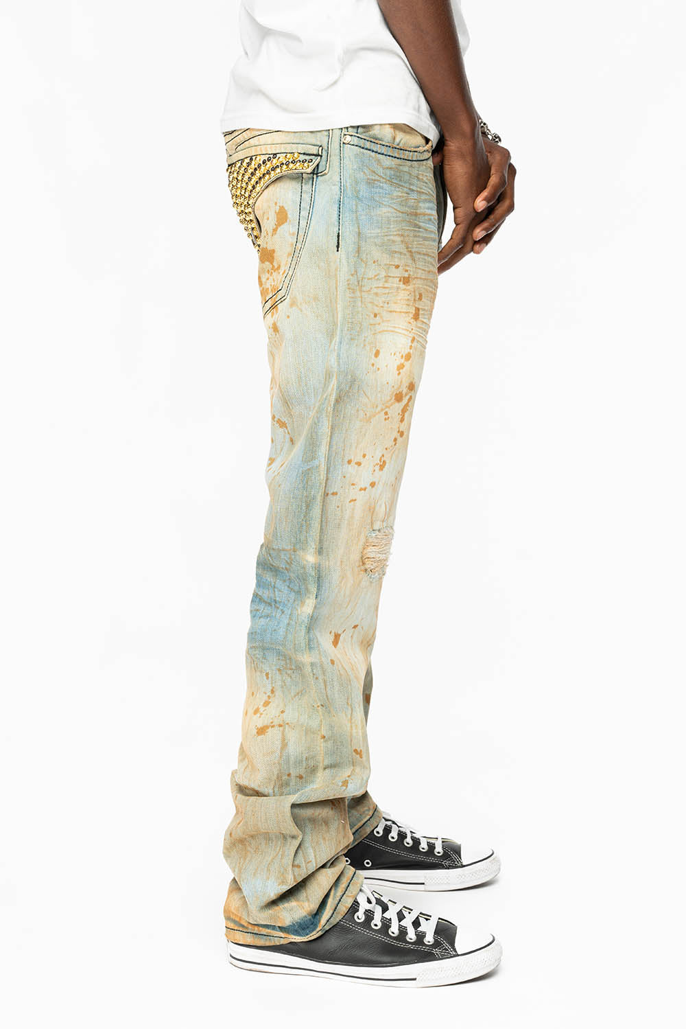 KILLER FLAP STRAIGHT LEG JEANS WITH CRYSTALS AND NAILHEAD IN TRAVELER WASH
