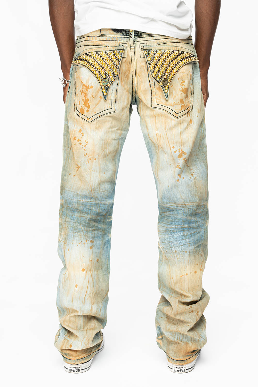 KILLER FLAP STRAIGHT LEG JEANS WITH CRYSTALS AND NAILHEAD IN TRAVELER WASH