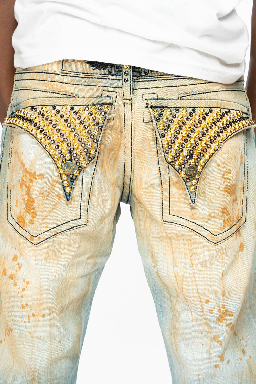 KILLER FLAP STRAIGHT LEG JEANS WITH CRYSTALS AND NAILHEAD IN TRAVELER WASH