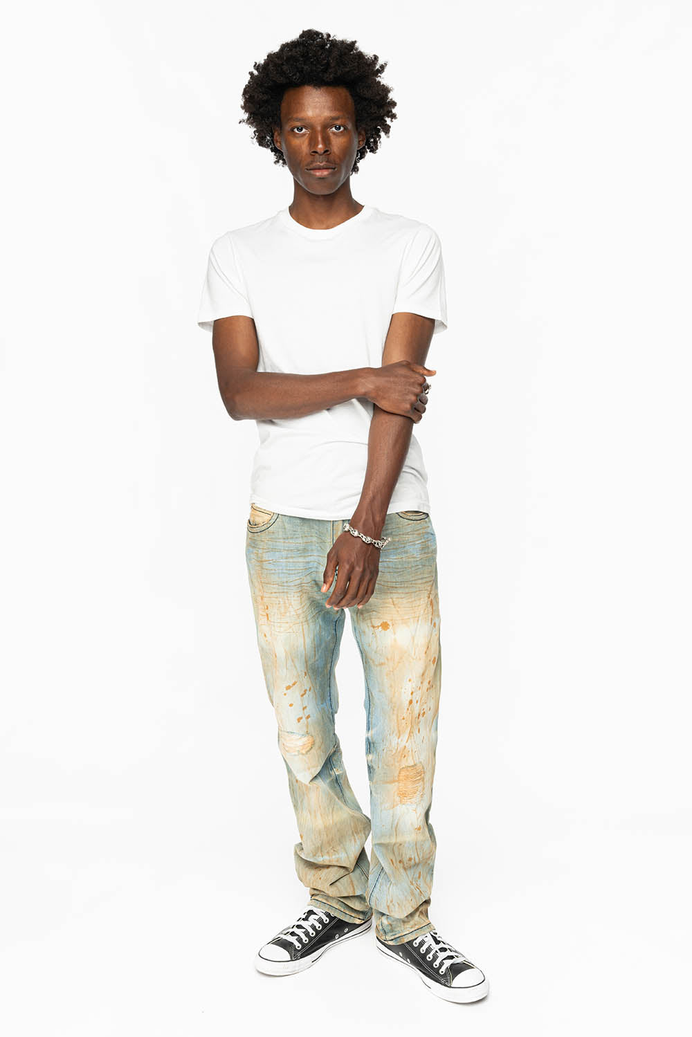KILLER FLAP STRAIGHT LEG JEANS WITH CRYSTALS AND NAILHEAD IN TRAVELER WASH