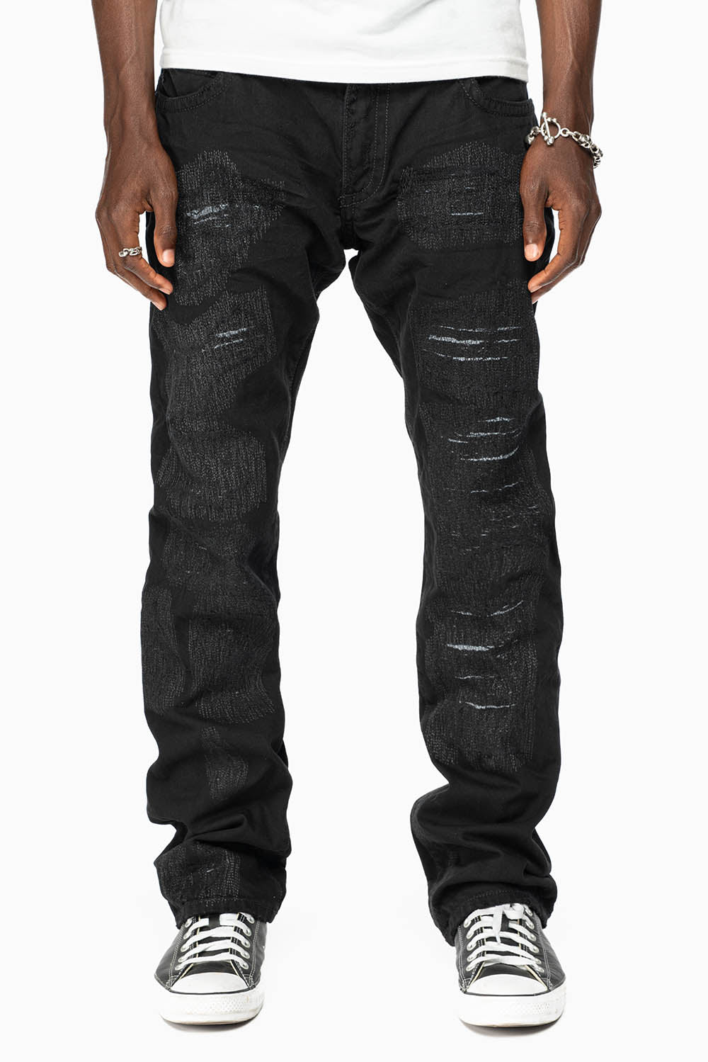 ROBIN'S LIMITED EDITION REPAIRED JEANS IN BLACK WASH WITH BLACK DIAMOND AND JET BLACK CRYSTALS
