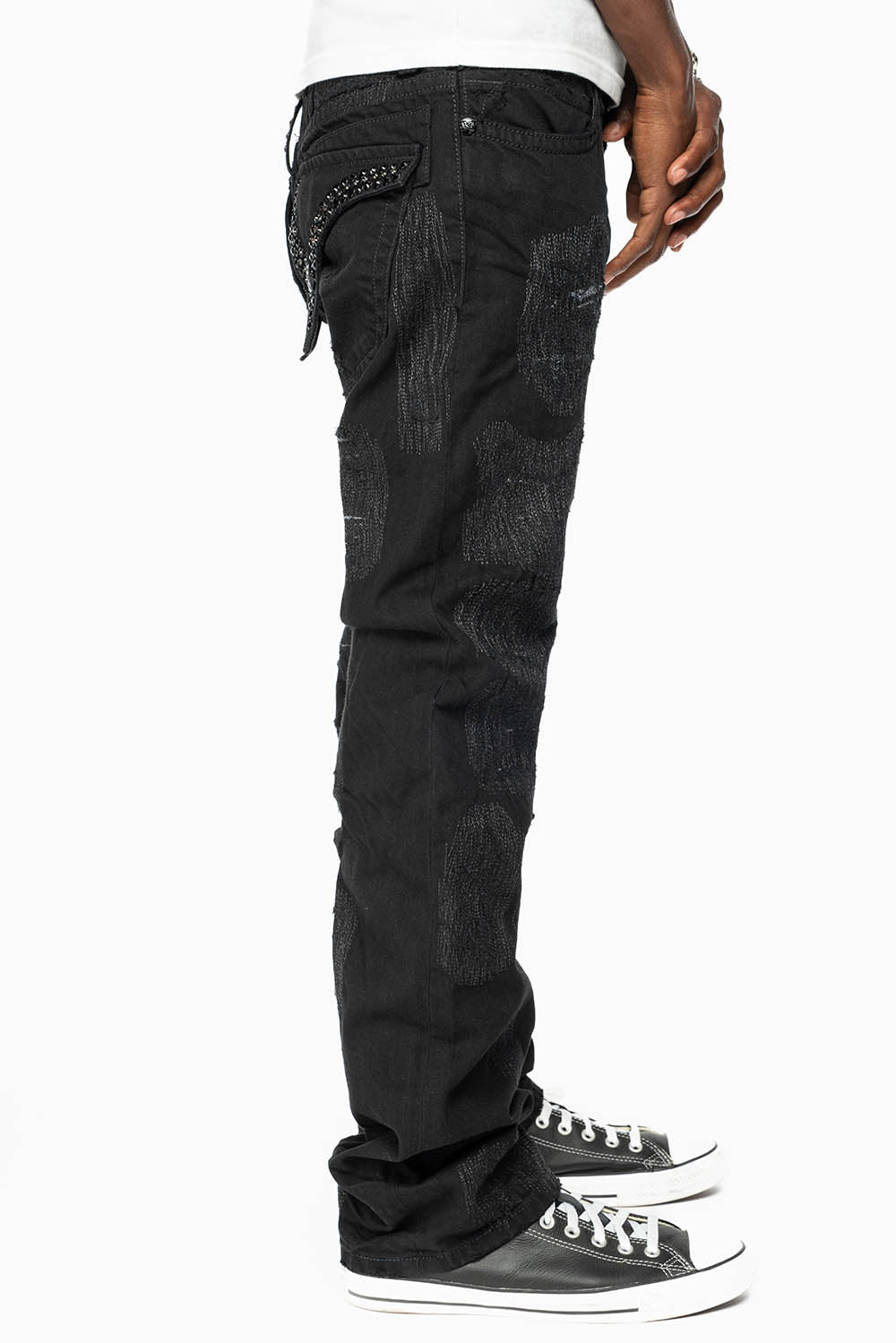 ROBIN'S LIMITED EDITION REPAIRED JEANS IN BLACK WASH WITH BLACK DIAMOND AND JET BLACK CRYSTALS