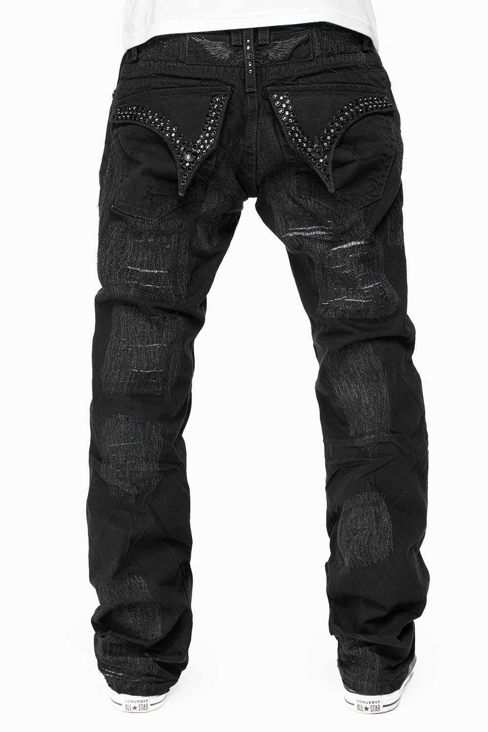 ROBIN'S LIMITED EDITION REPAIRED JEANS IN BLACK WASH WITH BLACK DIAMOND AND JET BLACK CRYSTALS