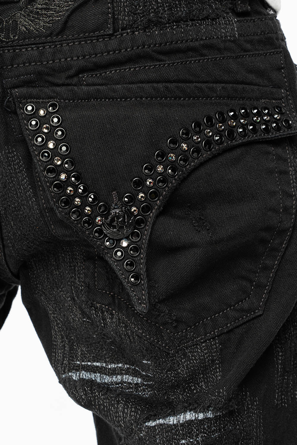 ROBIN'S LIMITED EDITION REPAIRED JEANS IN BLACK WASH WITH BLACK DIAMOND AND JET BLACK CRYSTALS