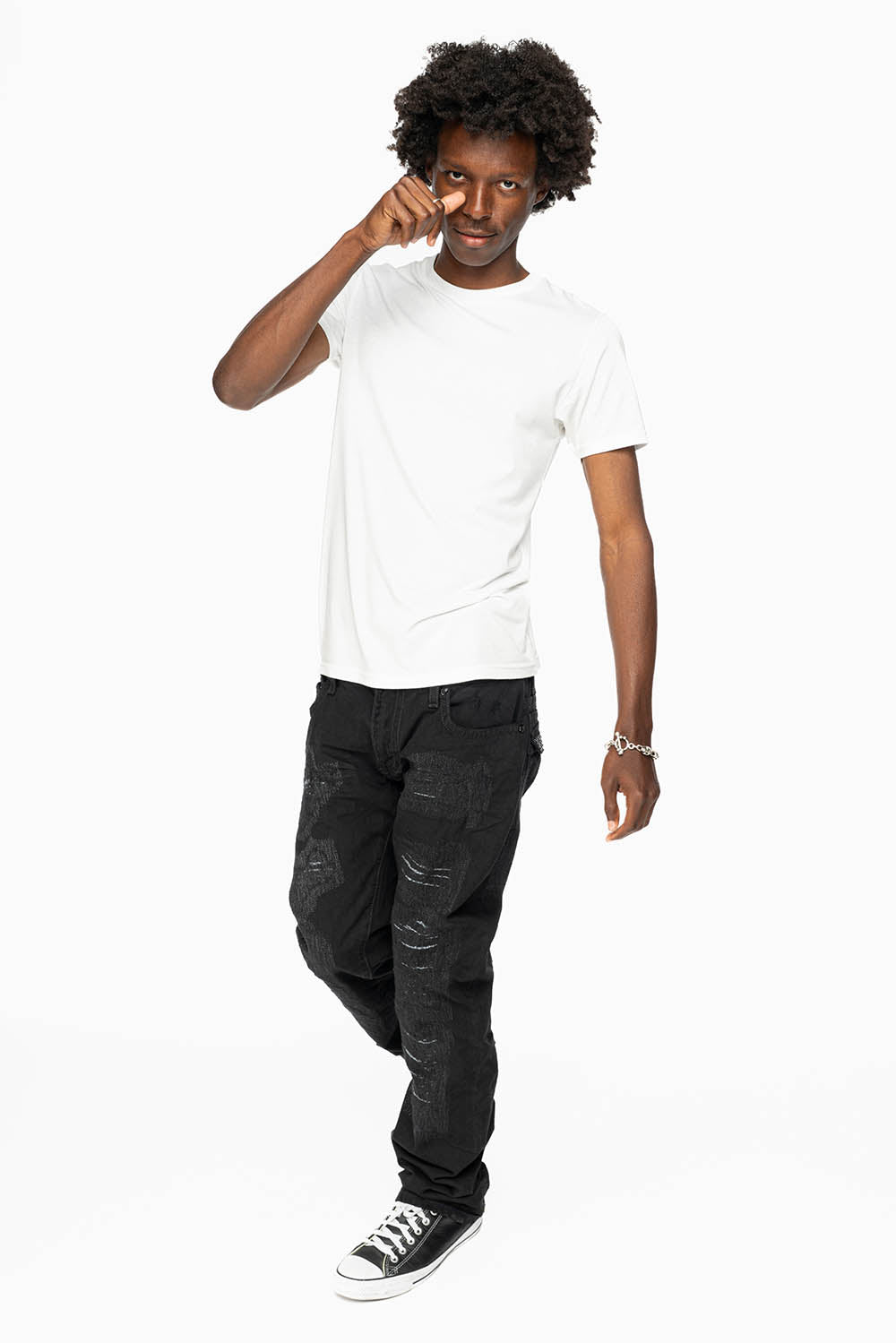ROBIN'S LIMITED EDITION REPAIRED JEANS IN BLACK WASH WITH BLACK DIAMOND AND JET BLACK CRYSTALS