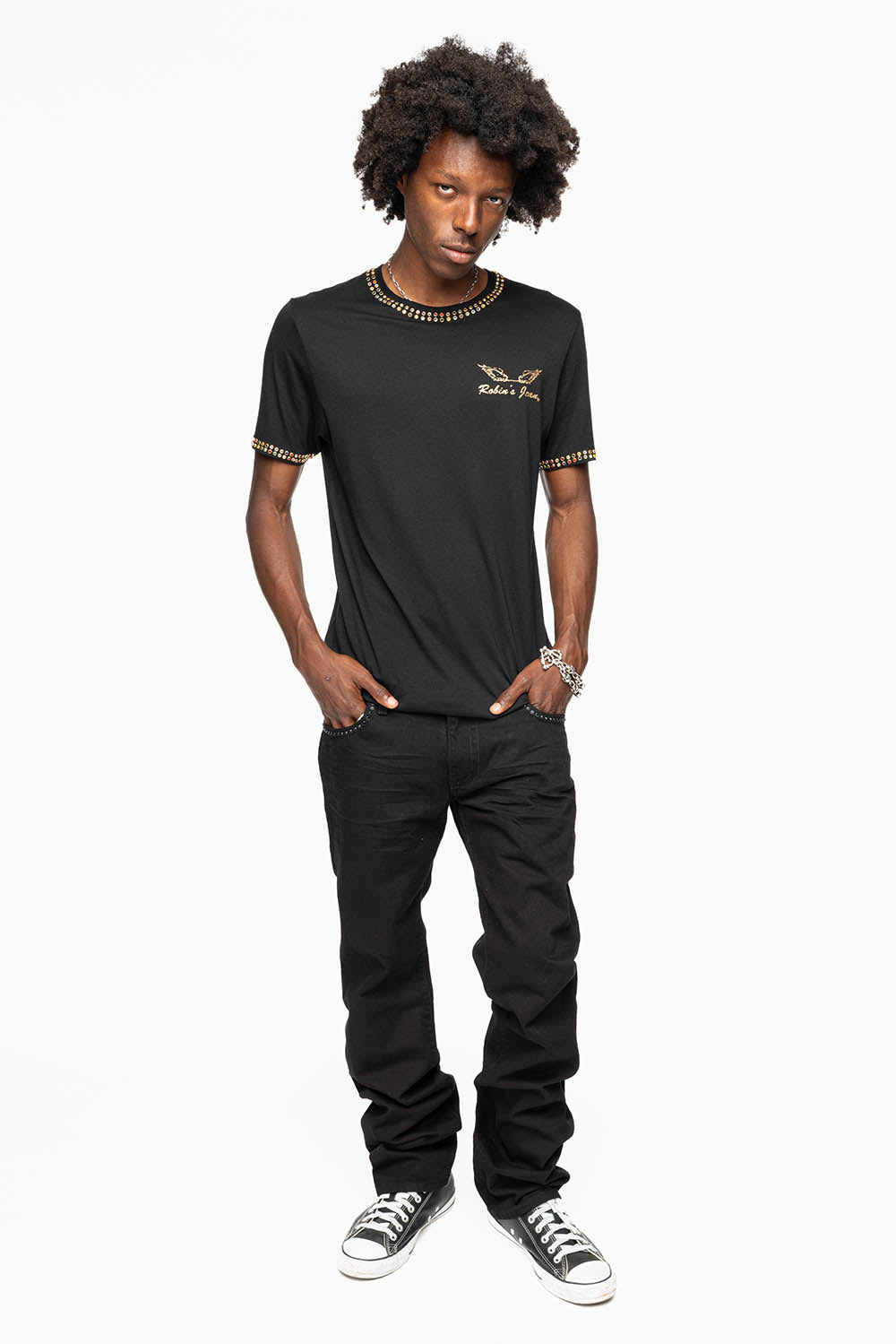 MENS CLASSIC STRAIGHT LEG LONG FLAP JEANS WITH JET BLK AND BLK DIAMOND CRYSTALS IN PURE BLK