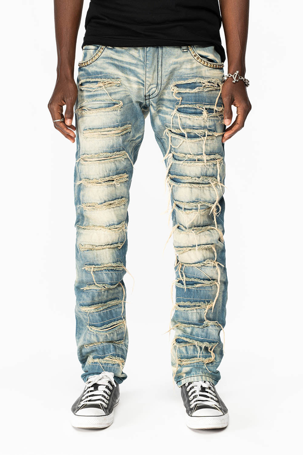 ROBIN'S NEW VINTAGE EDITION RIPPED JEANS WITH SMOKEY TOPAZ CRYSTALS IN OMAHA WASH