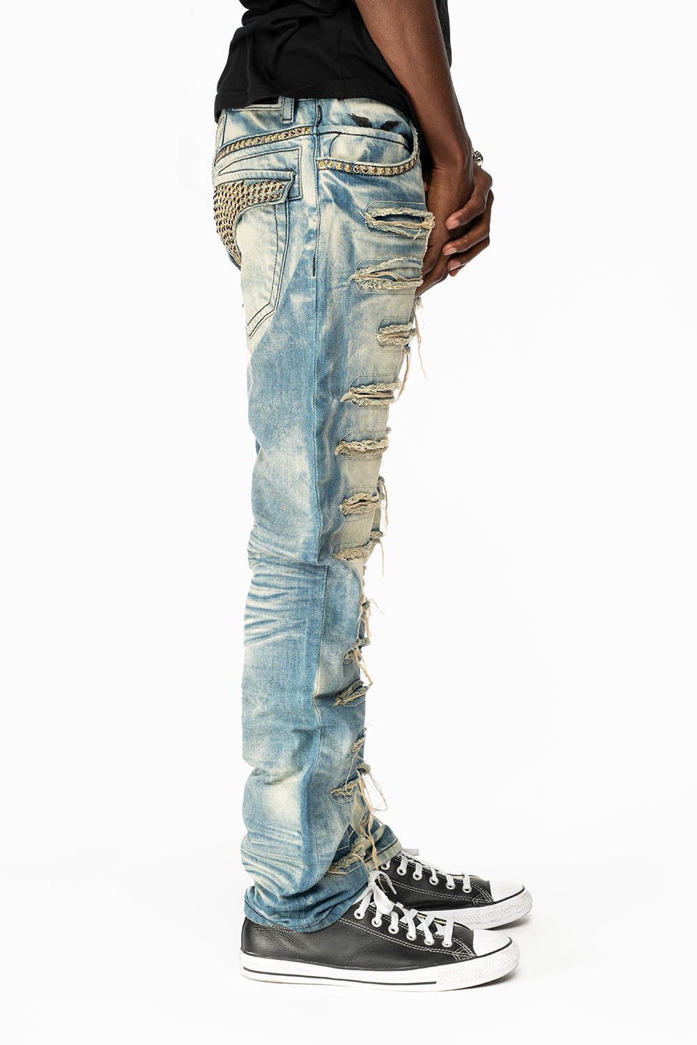 ROBIN'S NEW VINTAGE EDITION RIPPED JEANS WITH SMOKEY TOPAZ CRYSTALS IN OMAHA WASH