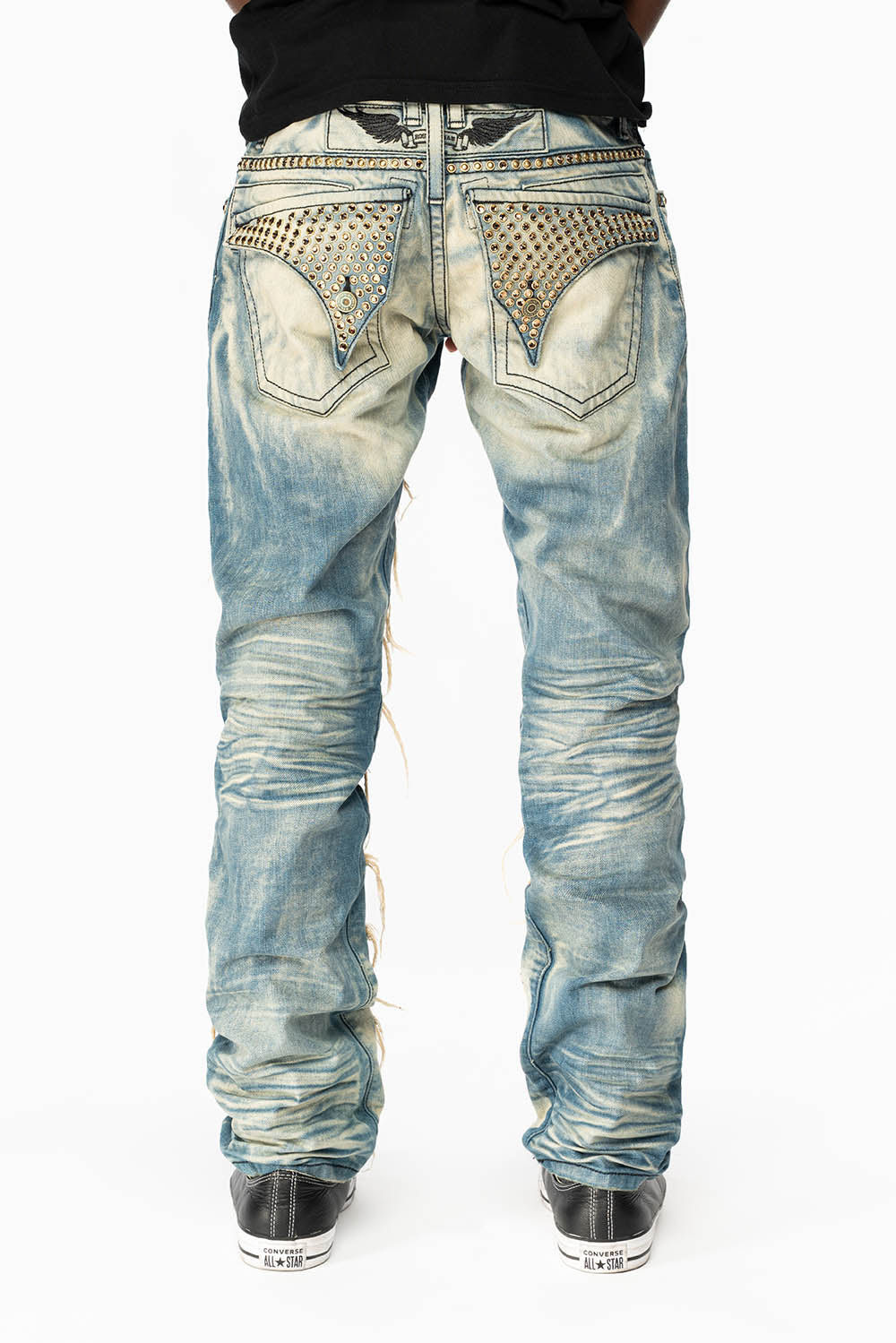 ROBIN'S NEW VINTAGE EDITION RIPPED JEANS WITH SMOKEY TOPAZ CRYSTALS IN OMAHA WASH