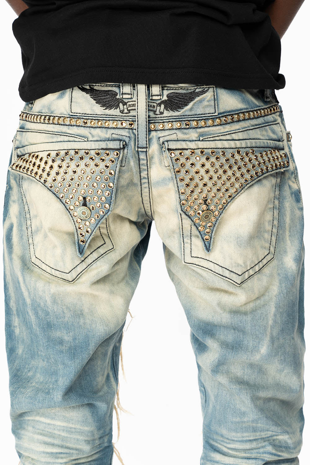 ROBIN'S NEW VINTAGE EDITION RIPPED JEANS WITH SMOKEY TOPAZ CRYSTALS IN OMAHA WASH